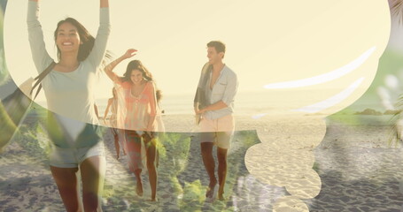 Group of friends enjoying time on beach, running and laughing - obrazy, fototapety, plakaty
