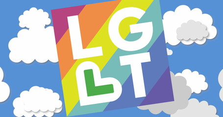 A colorful sign with LGBT letters is floating in sky with white clouds - 788804595