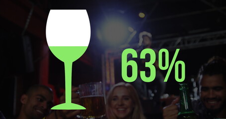 Group of friends celebrating, holding drinks, with graphic showing 63% - 788804597