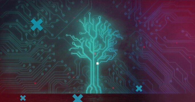 A digital tree with circuit branches glowing in blue and red