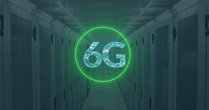 A holographic 6G symbol floats in server room, glowing in green and blue