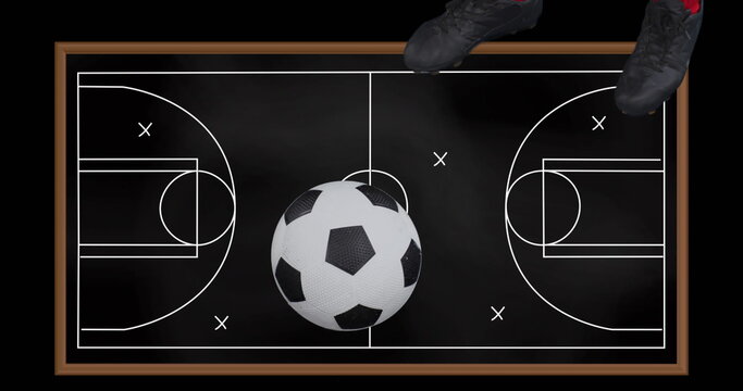 Person wearing soccer shoes standing on chalkboard with a soccer field drawn on it