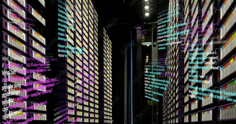 Poster rows of server racks with colorful lights are displaying data