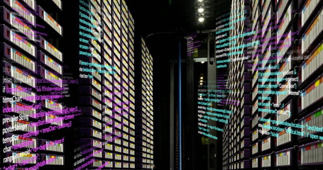 Rows of server racks with colorful lights are displaying data - 788804705