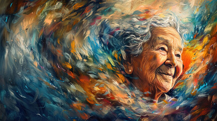 A detailed painting showcasing the weathered features of an older womans face, depicting wrinkles, wisdom, and character