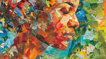 A vibrant collage artwork depicting womans face, intricately crafted from various colorful paper pieces