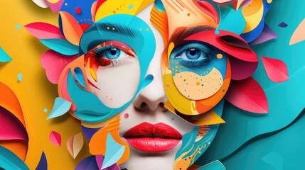 A womans face is decorated with vibrant and intricate artistic designs in various colors, creating a striking visual display