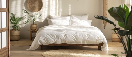 Authentic photograph showcasing white pillows on a wooden bed in a minimal bedroom setting adorned with plants and a round rug.