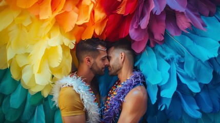 couple of gay men celebrating a marriage with an lgbt celebration kiss
