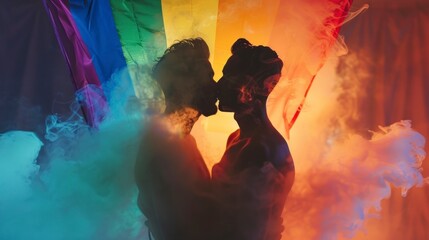 couple of gay latin men celebrating the month with a kiss with LGBT colored smoke IN HIGH resolution