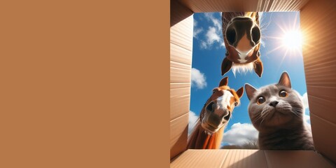 Generated image curious domestic animals looking into a cardboard box, on a sunny day, bottom view from inside the box, against a blue sky - Powered by Adobe