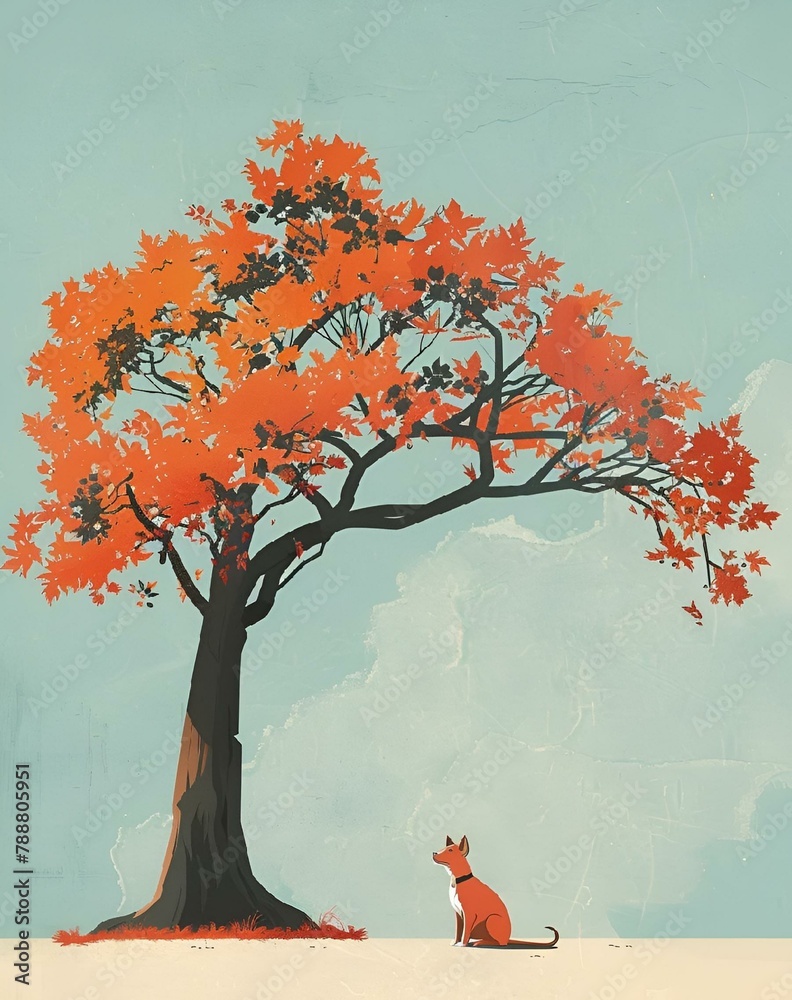 Poster ai generated illustration of a red fox under an orange tree gazing at a blue sky