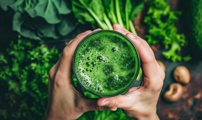 AI generated illustration of hands holding a glass of green smoothie amidst fresh vegetables - obrazy, fototapety, plakaty