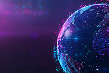 Digital technology background with blue gradient and digital world globe made of dots on dark...