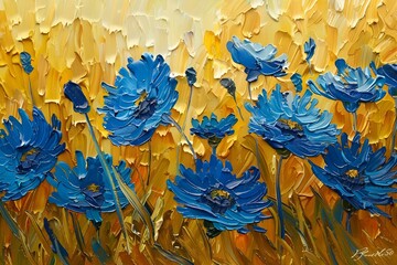 AI generated illustration of multiple blue flowers on a yellow background