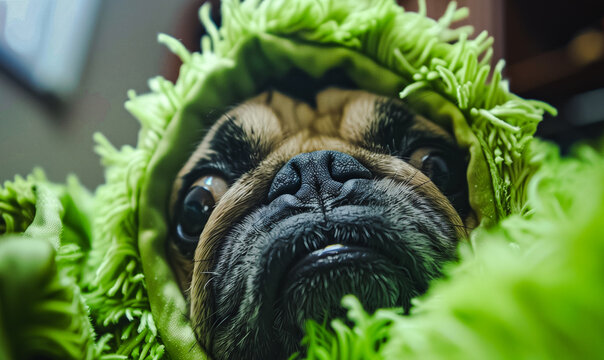 AI generated illustration of a pug dog wrapped in a green blanket
