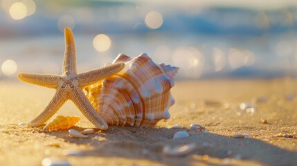 Seashell and Starfish on Sunny Beach. Vacation Concept