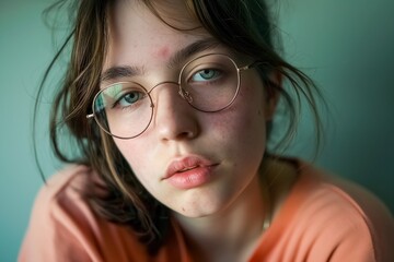 Fototapeta premium AI generated illustration of a woman in glasses stands against a wall, holding a phone