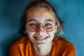 AI generated illustration of a teen girl with braces, glasses, and hot dog