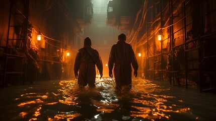 AI generated illustration of two men strolling in a flooded alley at night, illuminated by lamps