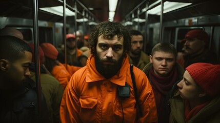Fototapeta na wymiar AI generated illustration of a bearded man in an orange shirt on a crowded train