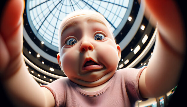 AI generated illustration of a startled baby gazes up with wide eyes