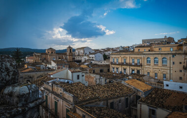 Panoramic view of Noto old town and Noto Cathedral at dusk, Sicily, Italy. June 2023