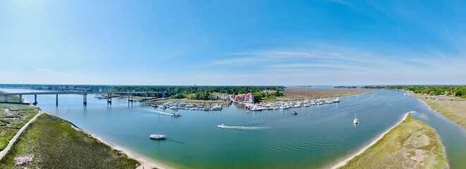 Panoramic shot of the harbor with moored boats. Freeport Marina, Hilton Head, South Carolina - obrazy, fototapety, plakaty