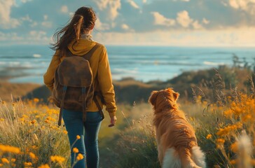 AI generated illustration of a woman walking with a golden retriever on the coast
