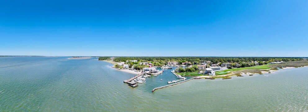 Panoramic shot of the harbor with moored boats. Freeport Marina, Hilton Head, South Carolina
