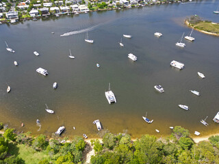 Vast expanse of water filled with numerous boats in Noosa River, Noosa Heads, Queensland, Australia