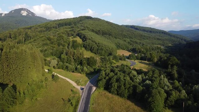 Drone shot of a forest on a hill with a road passing next to it.