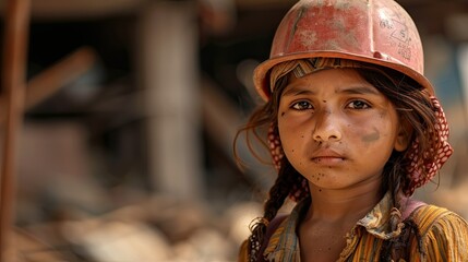 A weary young girl freed momentarily from her laborious construction duties reflects the poignant theme of World Day Against Child Labour - obrazy, fototapety, plakaty