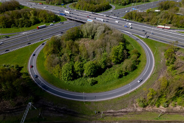Aerial view of transit roundabout Hoevelaken intersection near Amersfoort in Dutch landscape....
