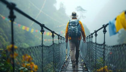 Hiker Man crosses misty suspension bridge, immersing in nature's tranquility and mystique.  solitary journey amidst foggy mountains beckons exploration and self-discovery Active people concept - obrazy, fototapety, plakaty