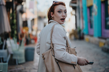 A young redhead woman looking back in surprise holding a smart phone on a colorful urban street.