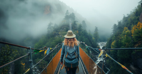 Adventurous hiker crosses misty suspension bridge, immersing in nature's tranquility and mystique.  solitary journey amidst foggy mountains beckons exploration and self-discovery Active people concept - obrazy, fototapety, plakaty