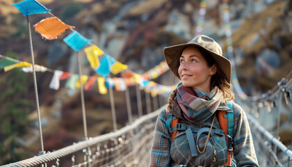 Young backpacker woman dressed waterproof clothes crossing canyon over Suspension Bridge with multicolored Tibetan Prayer flags. Popular climbing route trek. Active people during trekking concept.