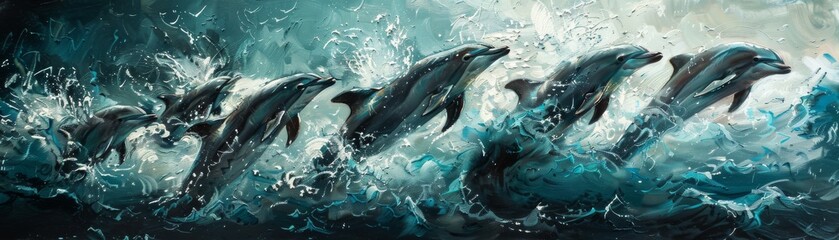 A pod of dolphins jumping out of the water in a stormy sea. - obrazy, fototapety, plakaty
