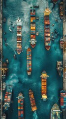 An aerial view of container ships in a harbor from above.