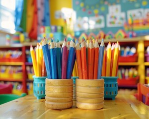 An image of two wooden pencil holders filled with colored pencils on a table in a classroom.