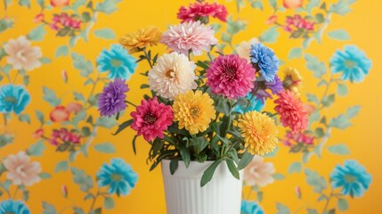 Obraz premium A vibrant and delightful scene unfolds before us showcasing a mesmerizing display of multicolored aster flowers blooming within a white vase set against a sunny yellow backdrop embellished 