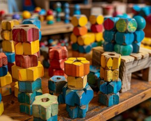 Colorful wooden blocks of various shapes stacked on a wooden table.