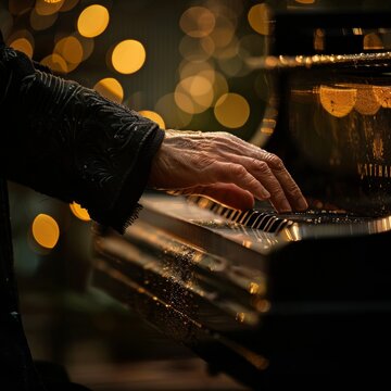 A pianist playing a grand piano with a beautiful blurred background of lights.