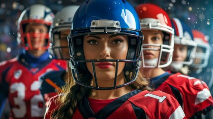 Vibrant mixed gender football team ready for game night, featuring players in colorful jerseys, focused on teamwork and sportsmanship.