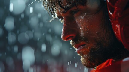 Vibrant close-up of wet, contemplative man in red jacket amid raindrops, evoking themes of endurance and introspection.