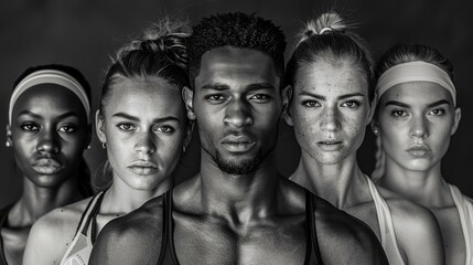 Stunning monochromatic portrait of five athletes, showcasing intense expressions and diversity, capturing the spirit of unity and competitive sports.