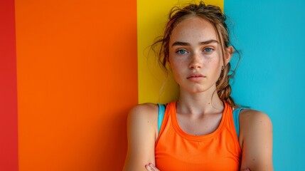 Vibrant portrait of young woman in orange top against multicolored background, expressing thoughtful mood, summer vibes. Copy space.