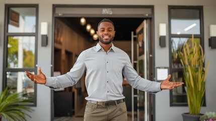 Welcoming Black man smiling in business entrance, wearing smart casual shirt and trousers, palms open, modern office setting with natural elements, inclusive workplace vibes. - Powered by Adobe