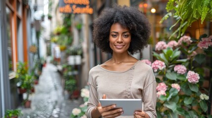 Beautiful smiling biracial woman with tablet walking through flower-lined urban alley, vibrant pink blooms enhance relaxed city life mood, technology in everyday use. - Powered by Adobe